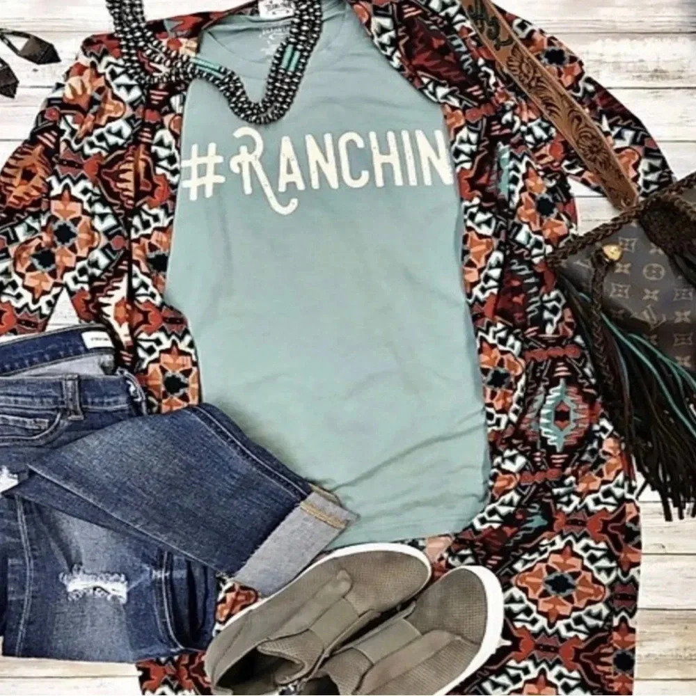 Graphic Teal T-Shirt with Patterned Cardigan